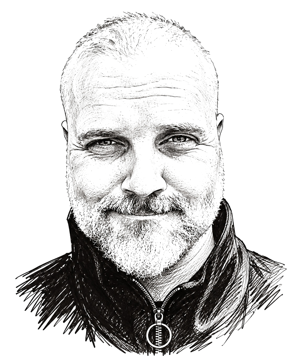 Black-and-white etched portrait of a gray-haired man with a full beard, wearing a dark zip-up jacket.